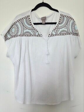 Chico's Size 3 White Tunic with Brown & Light Aqua Embroidered Yoke